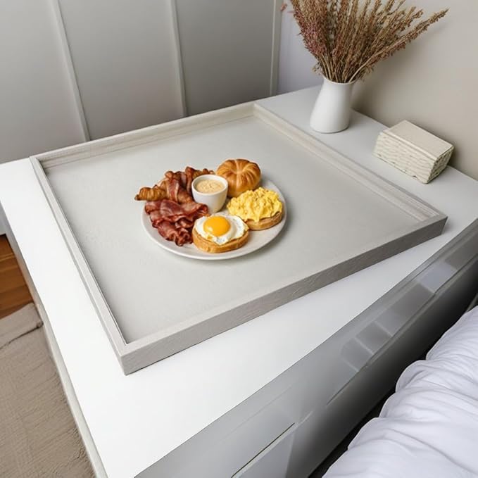 20 * 20 inches Luxury Leather Square Oversized Service Tray, Ottoman & Coffee Tray for Family Dinner, Out-of-House Picnic & Party (Beige)