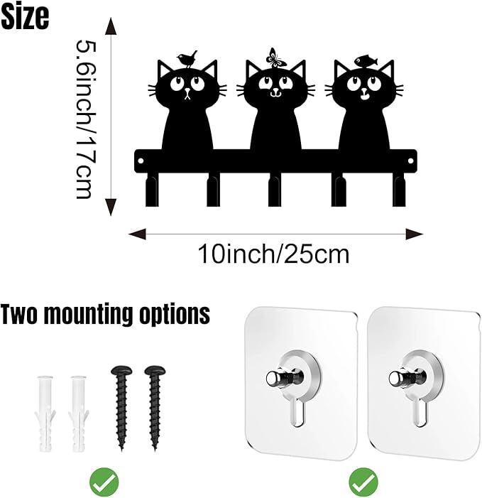 magilab Cat-Themed 10-Inch Iron Key Hooks with 5 Hooks, Black Wall Organizer - Cute Cat Design for Home Decor, No Drill & Screw-in Options (Style K)