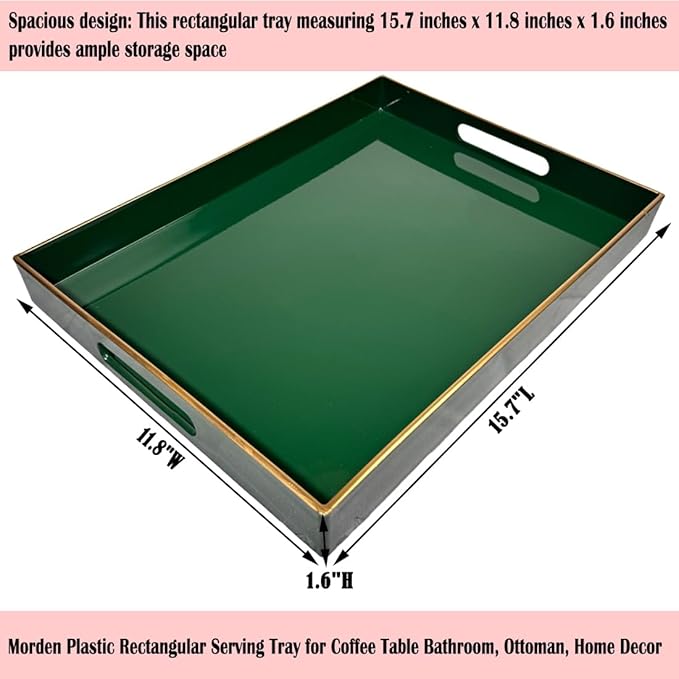Large Green Rectangular Decorative Tray – Plastic Serving Tray with Handles for Coffee Table, Ottoman, Living Room, 15.7” x 11.8” x 1.6