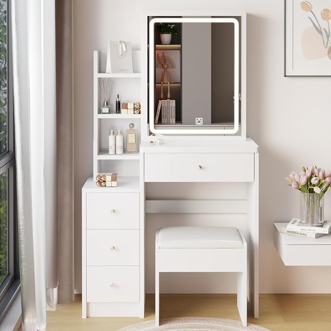 Makeup Vanity Desk Set with LED Lights and Chair, Compact Vanity Desk with Storage Shelves, 4 Drawers, Small Space Vanities with 3 Adjustable Lighted Mirror for Bedroom, White