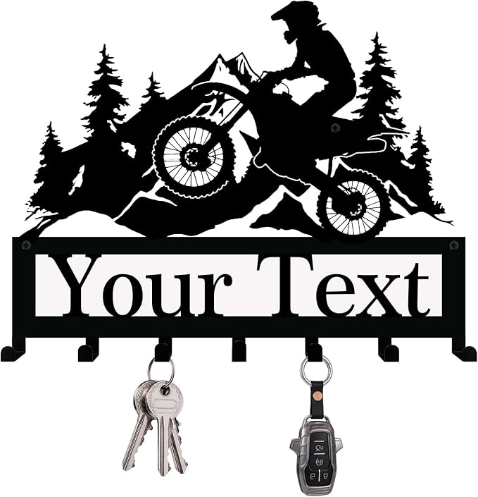 NIWAHO Personalized Dirt Bike Key Holder Wall Mount - Custom Metal Name Sign with Hooks for Garage, Motocross Room, or Entryway Decor