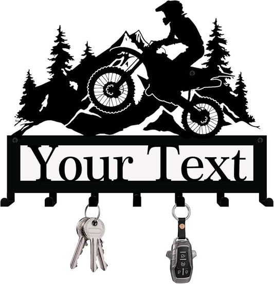 NIWAHO Personalized Dirt Bike Key Holder Wall Mount - Custom Metal Name Sign with Hooks for Garage, Motocross Room, or Entryway Decor