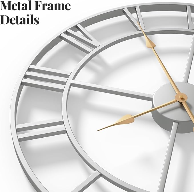 30 Inch Large Wall Clock, Modern Silver Metal Big Decorative Wall Clock Home Decor, Battery-Operated Roman Numeral Analog Metal Round Wall Clocks for Living Room, Bedroom, Office