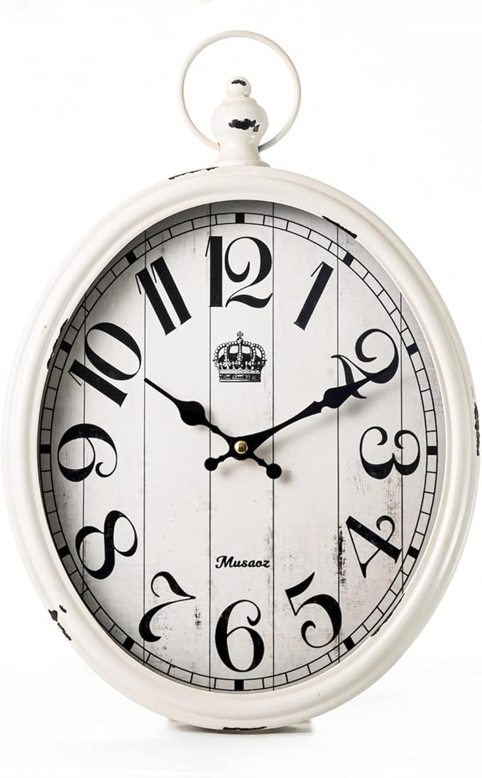 Oval Wall Clock Metal 16 inch Large Battery Operated Retro Wall Clock Old-Fashioned Antique Design Rustic Vintage Style Decor Wall Clock for Living Room Kitchen Farmhouse White