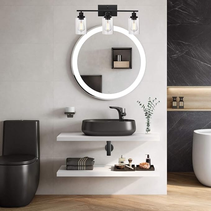 MELUCEE Bathroom Vanity Light Fixtures 24 Inches Length 3 Lights Wall Sconce Black with Clear Glass Shade for Bedroom Living Room Hallway Kitchen (Patent No.: US D963914 S)