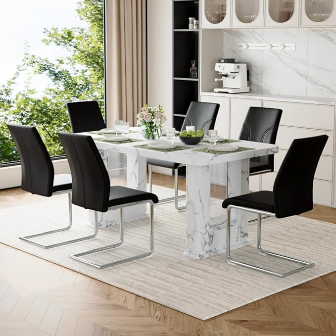 64.5" White Dining Table Set for 6, Modern Kitchen Table and Chairs Set with PU Leather Cushioned Chairs & Decorative Pedestal Base, 7 Piece Marble Pattern Dining Table Set for Dining Room or Kitchen