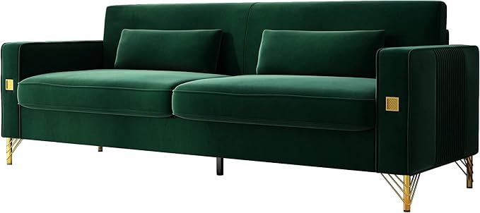 85.63" Velvet Sofa,Modern Loveseat Couch with Pillows Set of 2 for Living Room,Bedroom,Apartment Furniture with Gold Metal Legs (Green)