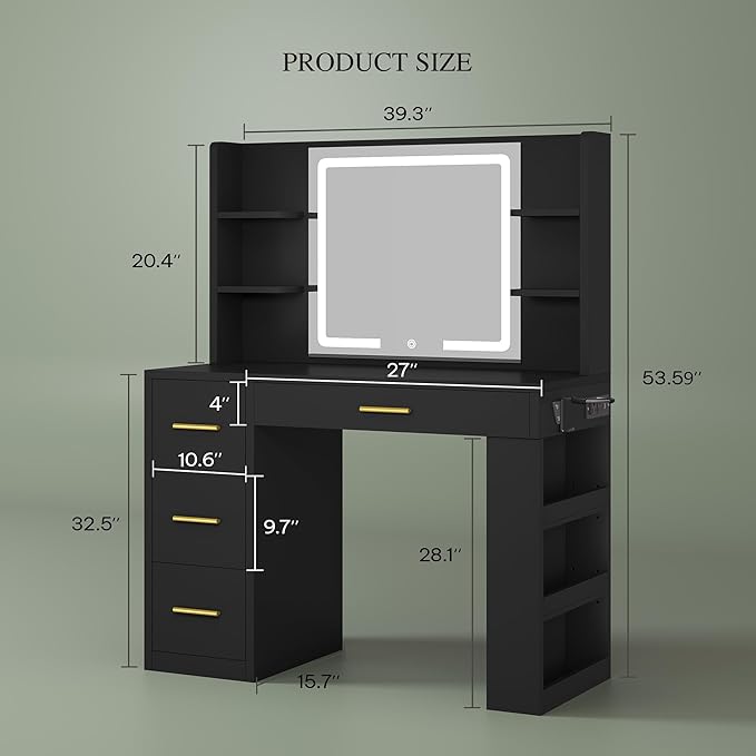 DWVO Makeup Vanity with LED Mirror, 40" Big Vanity Makeup Table with 4 Drawers and 7 Open Storage Shelves, Built-in Power Outlets & Hairdryer Holder, Black