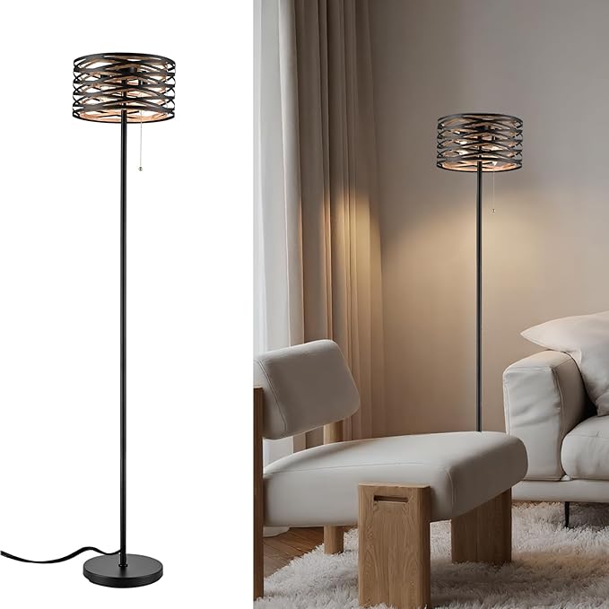 Farmhouse Black 2-Light Floor Lamp Metal Structure Wood Grain Shade with Pull Chain Switch, Perfect for Living Room, Bedroom, Reading Room
