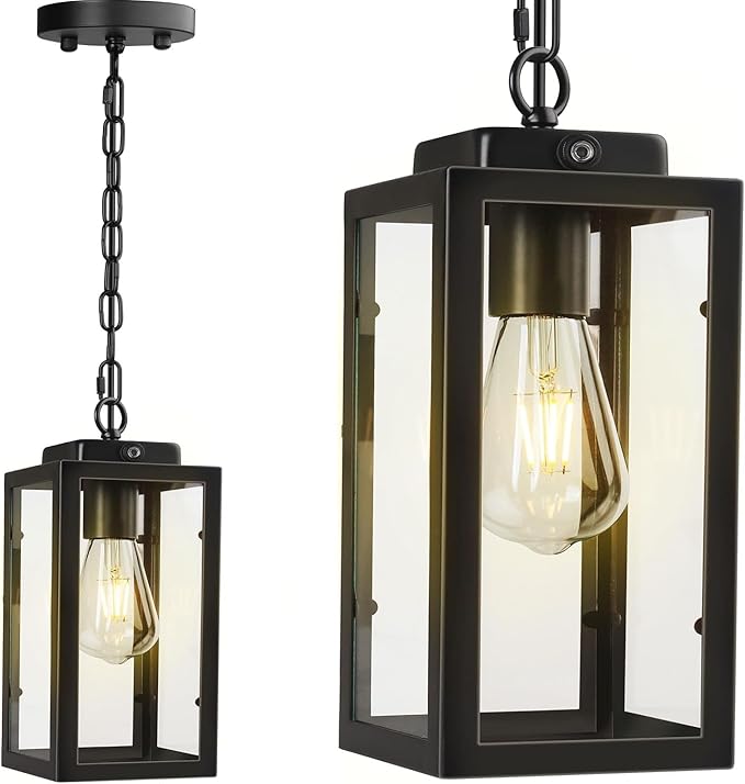 Outdoor Pendant Light Dusk to Dawn, 11'' Porch lights Outdoor Chandelier Hanging Ceiling Lights, Black Aluminum Lightshade with Tempered Glass, Exterior Lighting Fixture for Porch Yard, Gazebo, 1 Pack