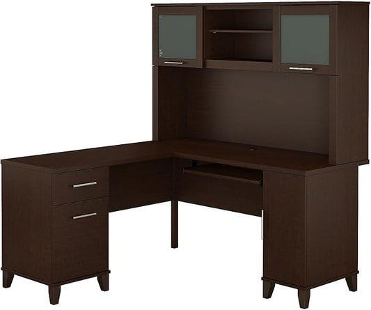 Bush Furniture Somerset 60W L Shaped Desk with Hutch in Mocha Cherry
