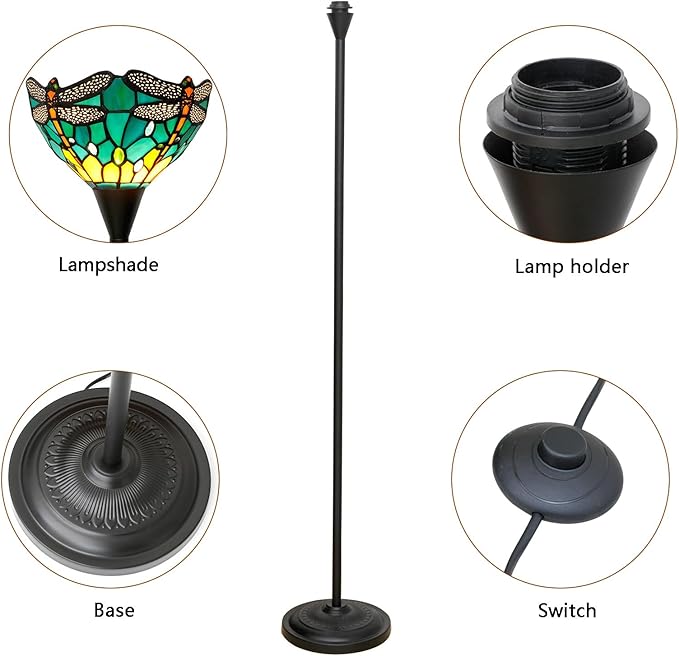 Tiffany Floor Lamp Tochiere Standing Green Dragonfly Style Stained Glass Floor Light Vintage Tall Pole Uplight Lamp Rustic Corner Lamp with Foot Switch for Home Decor Living Room Bedroom