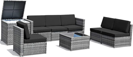 HAPPYGRILL 8-Pieces Patio Furniture Set Outdoor Rattan Conversation Set with Storage Box Sectional Wicker Sofa Set with Coffee Table and Cushions for Garden Backyard