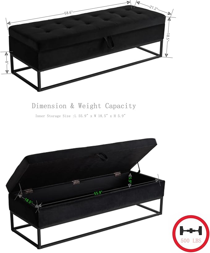 mikibama Velvet Storage Bench,58.6" Long Ottoman with Storage for Living Room,Tufted Storage Benches for Bedroom End of Bed,Entryway,Rectangle Window Seating Bench with Storage. (Velvet Black)