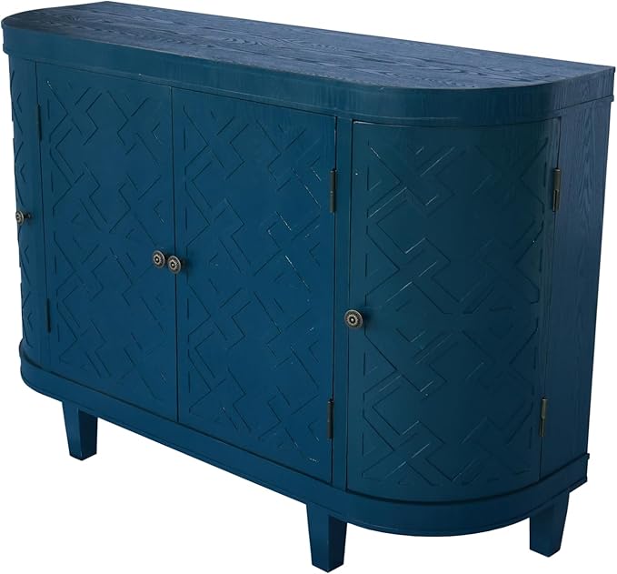 KEIKI 47'' Modern 4-Doors Buffet Sideboard with Storage,Wood Fluted Accent Cabinet with Curvy Edge, Oval Freestanding Credenza Entryway Console Table for Living Room, Hallway, Dining Room,Kitchen,Blue