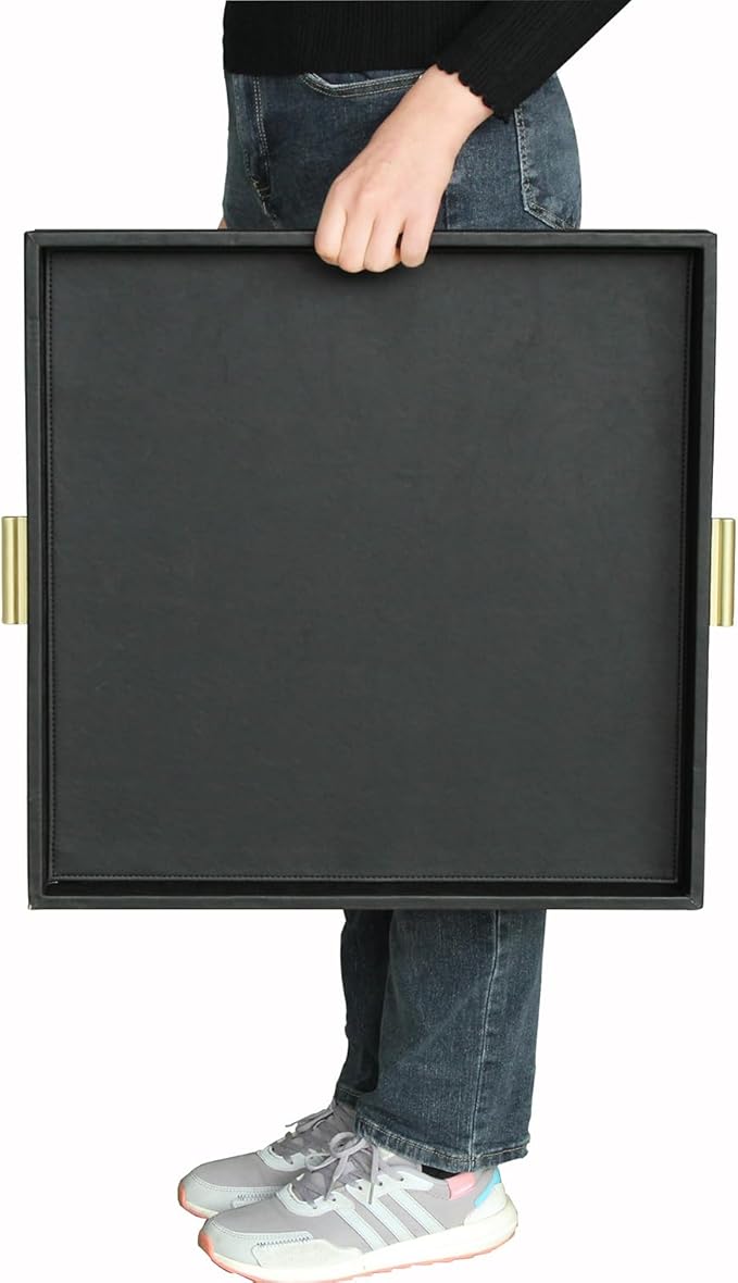 HofferRuffer Elegant Decorative Serving Tray, 20"x20" Square Faux Leather Ottoman Tray with Gold Hardware Handles, Coffee Table Serve Tea, Coffee or Breakfast (Black)