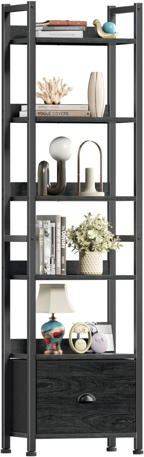 Furologee 6 Tier Bookshelf, Tall Shelf with Drawer, Wood and Metal Bookshelves Storage Organizer, Industrial Display Shelving Unit for Bedroom, Living Room, Home Office, Black Oak