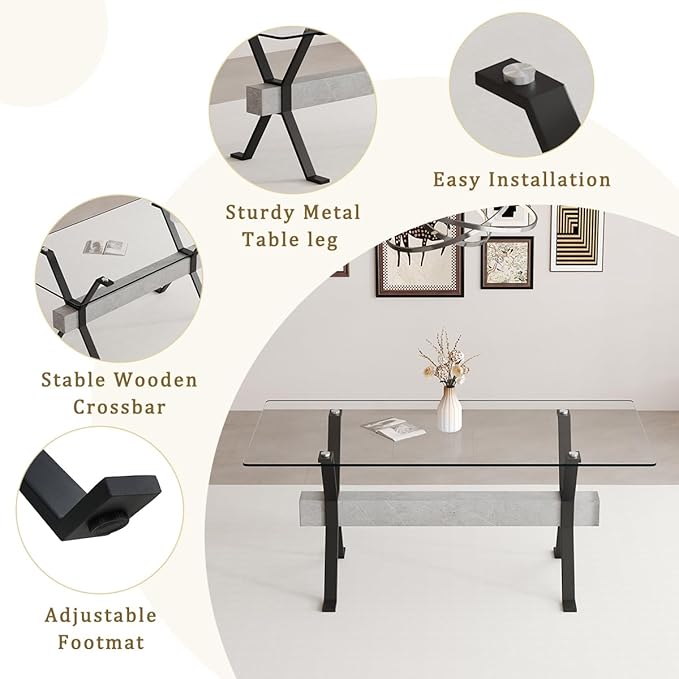 Glass Dining Table 71"｜Modern Dining Table for 6｜0.4" Thick Tempered Glass Top｜Matte Black Metal Legs｜Grey Crossbar｜Easy Assembly｜Perfect for Dining Room or Kitchen
