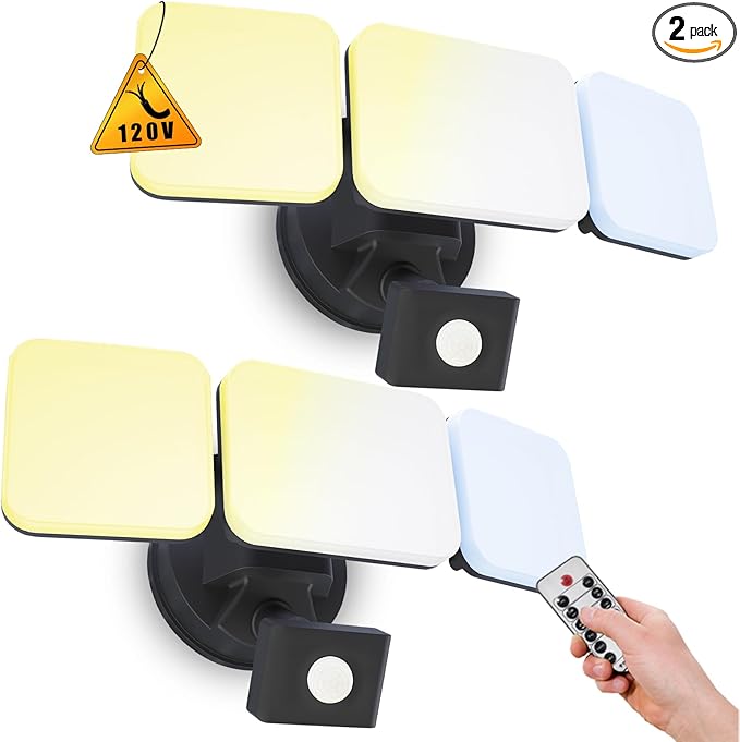EMANER Motion Sensor Flood Lights Outdoor, Dimmable Security Light, Warm to Daylight White 3000K/5000K/6500K, 28W 120V Remote Wall Light for House Garden Front Door (Black, 2Pack)