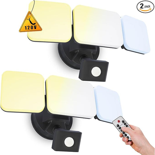 EMANER Motion Sensor Flood Lights Outdoor, Dimmable Security Light, Warm to Daylight White 3000K/5000K/6500K, 28W 120V Remote Wall Light for House Garden Front Door (Black, 2Pack)
