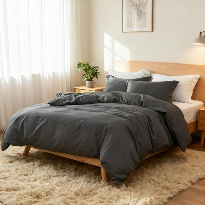 Simple&Opulence French Linen Duvet Cover Set 104"x 92"- 3 Pieces (1 Comforter Cover,2 Pillowcases)-Natural Flax Cotton Blend-Solid Color Breathable Farmhouse Bedding-Charcoal Grey, King