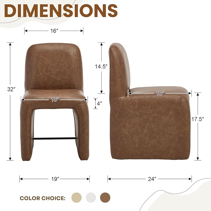 Brown Upholstered Leather Dining Chairs Set of 4, Mid Century Modern Dining Room Chairs with Deep Seat & Curved Back, Armless Side Chair Comfy Kitchen Chairs for Living Room/Kitchen