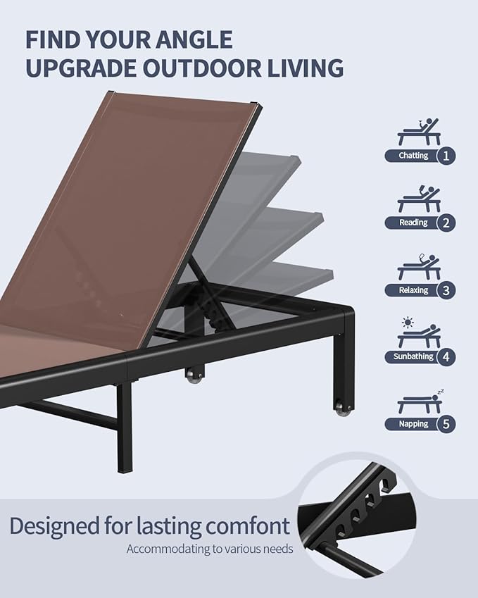 Aluminum Lounge Chairs Outdoor Chaise Furniture,2 Sets Patio Metal Deck Lounger Adjustable 5-Position Poolside Chase Recliner with Wheels for Beach,Coffee Table, (Brown, 2 Chair＋Table)