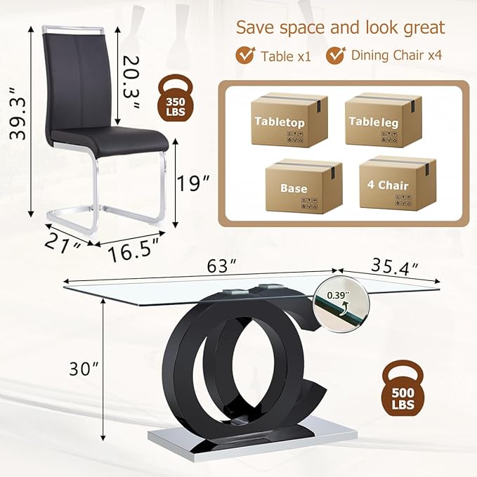 63'' Glass Dining Table Set for 4, Kitchen Table Chairs Set of 4, Clear Glass Dining Table with Black unique design Leg and Silver Metal Base, 4 PU Dining Chairs with Metal Legs, Living Room, Kitchen.