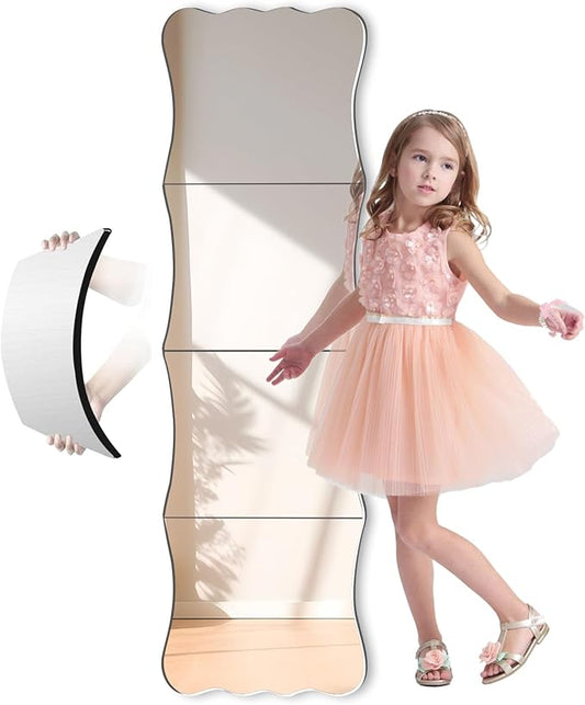 Wavy Full Length Mirror Shatterproof Acrylic Wall Mirror Tiles 47" x 14"(4 Pcs 12"x14"), Non-Glass Safety Body Mirrors for Baby Kids Playroom, Frameless Dorm Door Gym