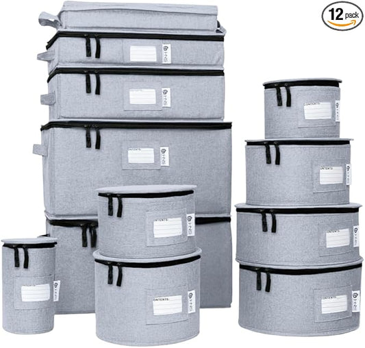 Hard Shell China Storage Containers 12-Piece Set Moving Boxes for Dinnerware, Glasses, Plates, Mugs and Saucers Sturdy Dish Organizer with Dividers for Seasonal Storage - Service for 12 - Grey