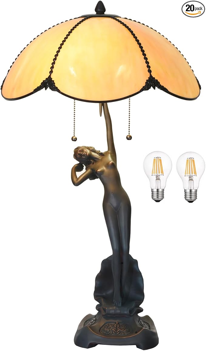 TL0033 Tiffany Style Table Lamp Stained Glass Umbrella Shade with Lady Sculpture Base W 15.75 X OH 27 Inches, Art Nouveau Lamp for Home Office, LED Bulbs Included