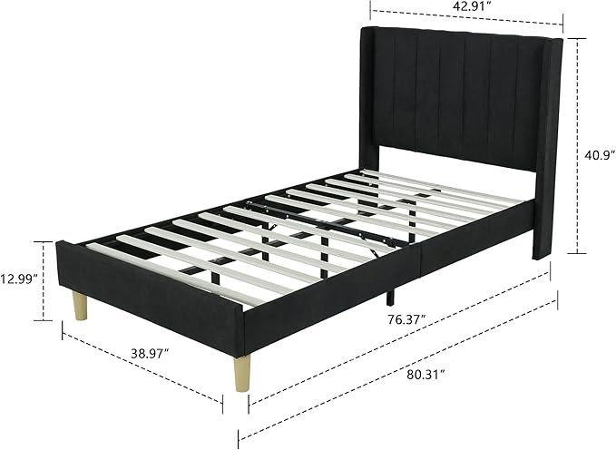 Low Profile Upholstered Platform Bed,Twin Beds with Black(Linen)