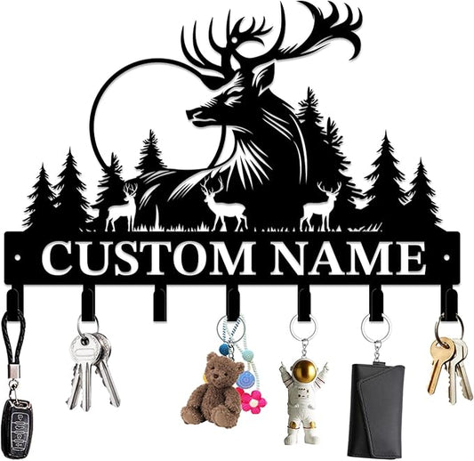Personalized Custom Name Forest Deer Wall Keys Hooks,Metal Forest Deer Art Clothes Hooks,Metal Forest Deer Wall Home Storage Decorative,For Front Door, Hallway, Kitchen, Bedroom,Keys,Hats (Style D)