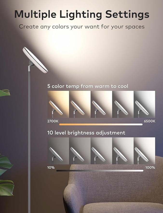 Bright Floor Lamp,42W 3700LM LED Torchiere Floor Lamps for Living Room, 71in. Modern Tall Standing Light with Remote,Color & Brightness Dimmable Sky Light,1/2/3H Timer for Bedroom,Office(Gray)