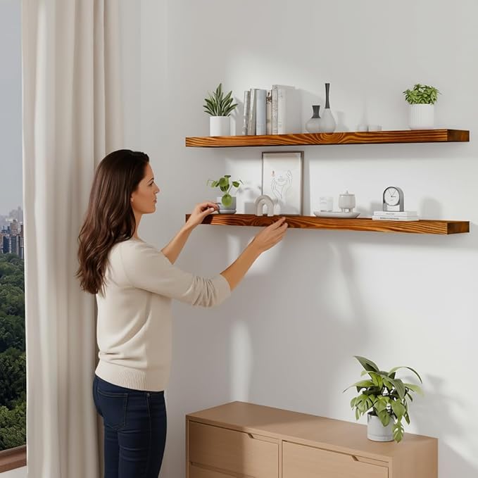 foxsky 48 Inch Solid Pine Wood Floating Shelves for Wall with Hidden Brackets, Rustic Farmhouse Wall Mounted Shelf for Bathroom, Living Room, Bedroom, Kitchen, Office Decor (Honey Oak)