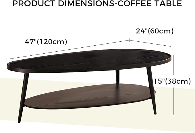 Shrine Black Oval Coffee Table, Mid-Century Modern Coffee Table, Black Walnut Wood Table for Living Room, D47''x W23.6''x H15'', Sleek Conical Metal Legs with Black Finish