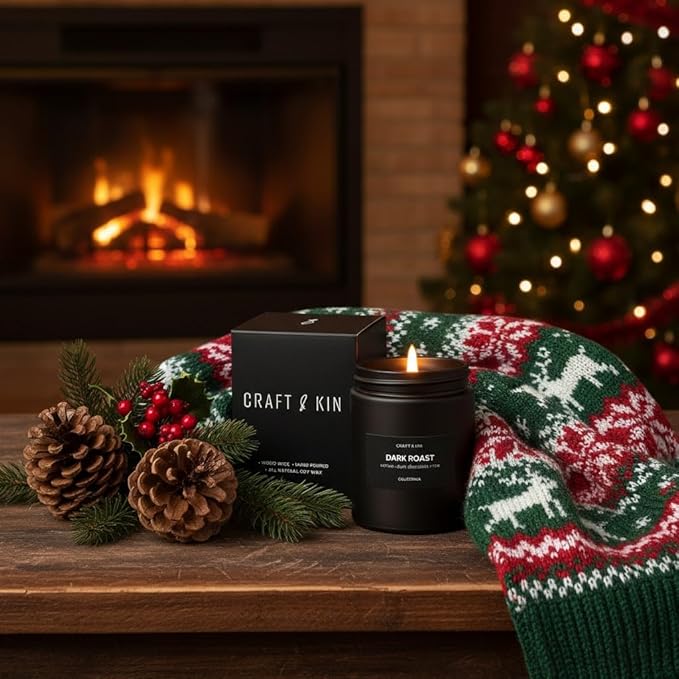 Craft & Kin Premium Dark Roast Coffee Candle | Black Christmas Scented Candles for Home | Long Lasting with 45 Hour Burn Time, 7.6oz | Soy Holiday Candle | Aromatherapy at Home | Gifts for Men