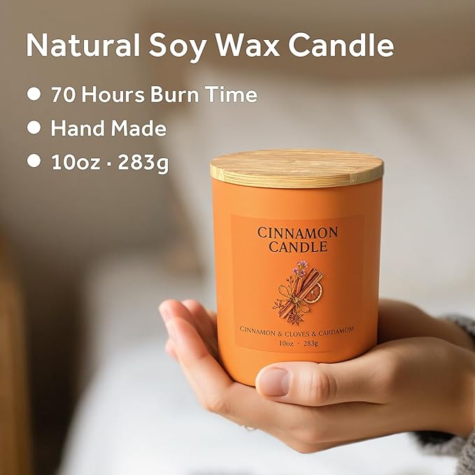 NORVENCE Cinnamon Candle, Cinnamon Scented Candles for Women, 10oz Soy Candles with Bamboo Lid for Home Scented, Birthday Gifts for Women and Men, Hand-Poured Candle for Relaxation, Home Decor