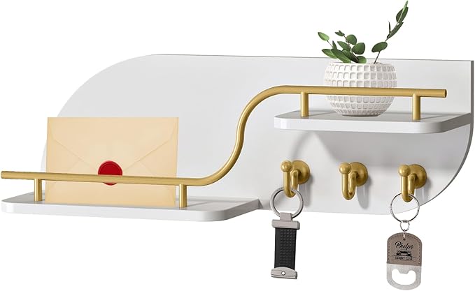 Key Holder for Wall, Decorative Key and Mail Organizer with 3 Metal Hooks and 2 Shelves, Wood Wall Mounted Key Rack for Entryway, White