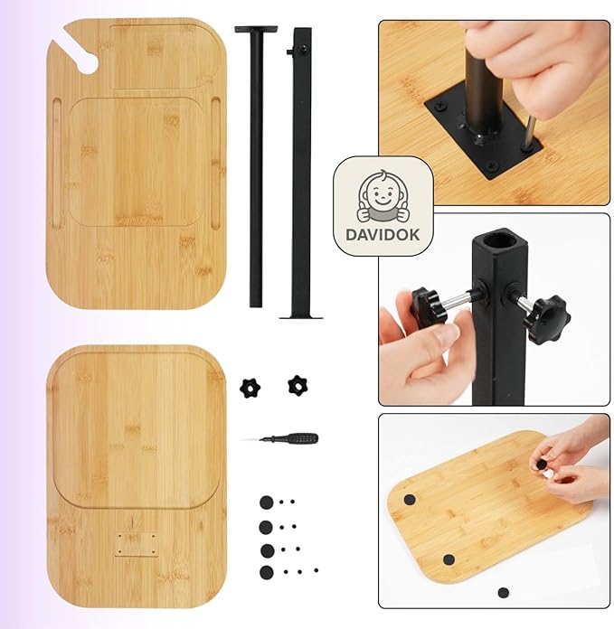 DAVIDOK C-Shaped Sofa End Table, Adjustable Height Couch Side Table with Device Slot, Wood Color with Black Metal Stand, Couch Table for Living Room, Bedroom