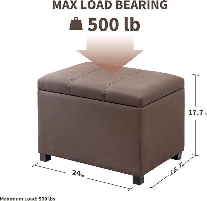 Joveco 24" Leather Storage Ottoman Bench, Rectangle Foot Rest Stool for Living Room, Bedroom, Entryway, Brown
