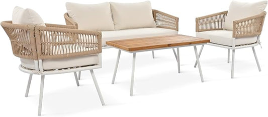 4-Piece Rope Outdoor Furniture Set - Patio Conversation Sofa Set with Acacia Wood Table, Metal Furniture with Deep Seating & Thick Cushion for Backyard, Balcony, Deck, Beige