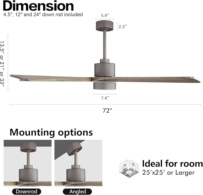 WINGBO 72 Inch DC Ceiling Fan with Lights and 3 Downrods, 5 Reversible Carved Wood Blades, 6-Speed Noiseless DC Motor, Large Ceiling Fan in Graphite Finish with Gray Blades, ETL Listed