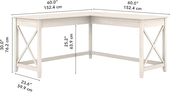 Bush Furniture Key West 60W Modern Farmhouse L Shaped Desk in Linen White Oak, 60-Inch Corner Computer Table for Home Office Workspace