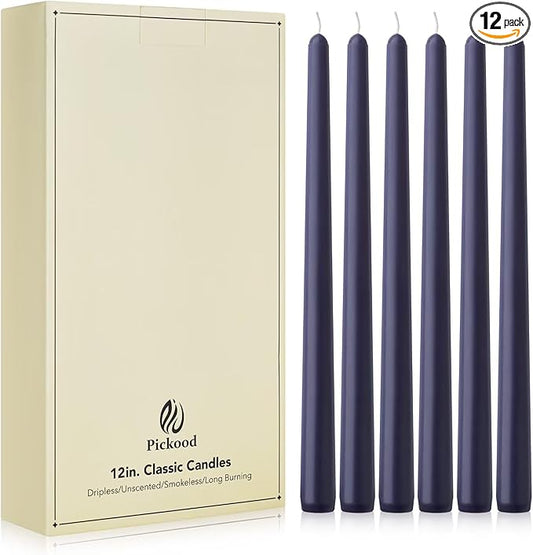 New Burning Formula Unscented Dripless 12-Inch Taper Candles Set of 12 - Navy Blue, for Wedding, Dinner - Smokeless, Long Burning - Hand Poured, Colored Tall Candlesticks - Azul Marino