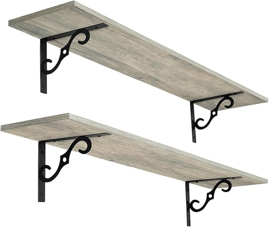 DINZI LVJ Long Wall Shelves, 31.5" Large Floating Shelves Set of 2, Farmhouse Display Shelf Wall Mounted with Heavy Duty Brackets, Easy Assembly for Kitchen, Bathroom, Bedroom, Balcony, Gray Wash