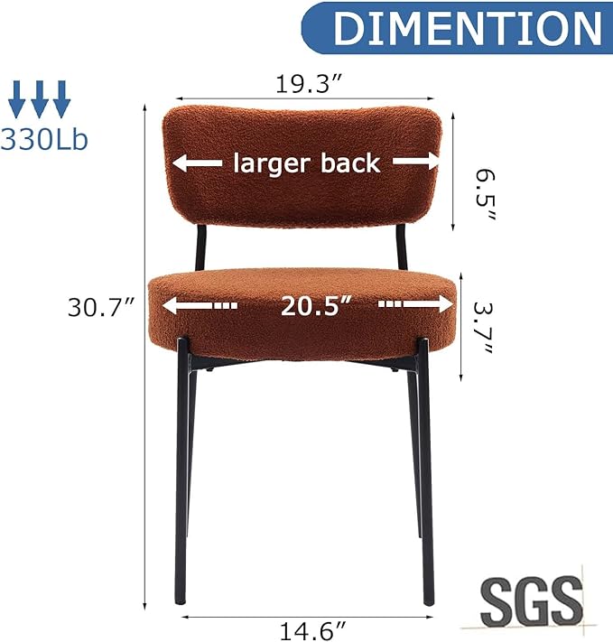 Brown Boucle Dining Chairs Set of 6, Upholstered Dinner Chair with Metal Frame, Dining Room Chairs with Padded Seat, Round Modern Seating for Living Room