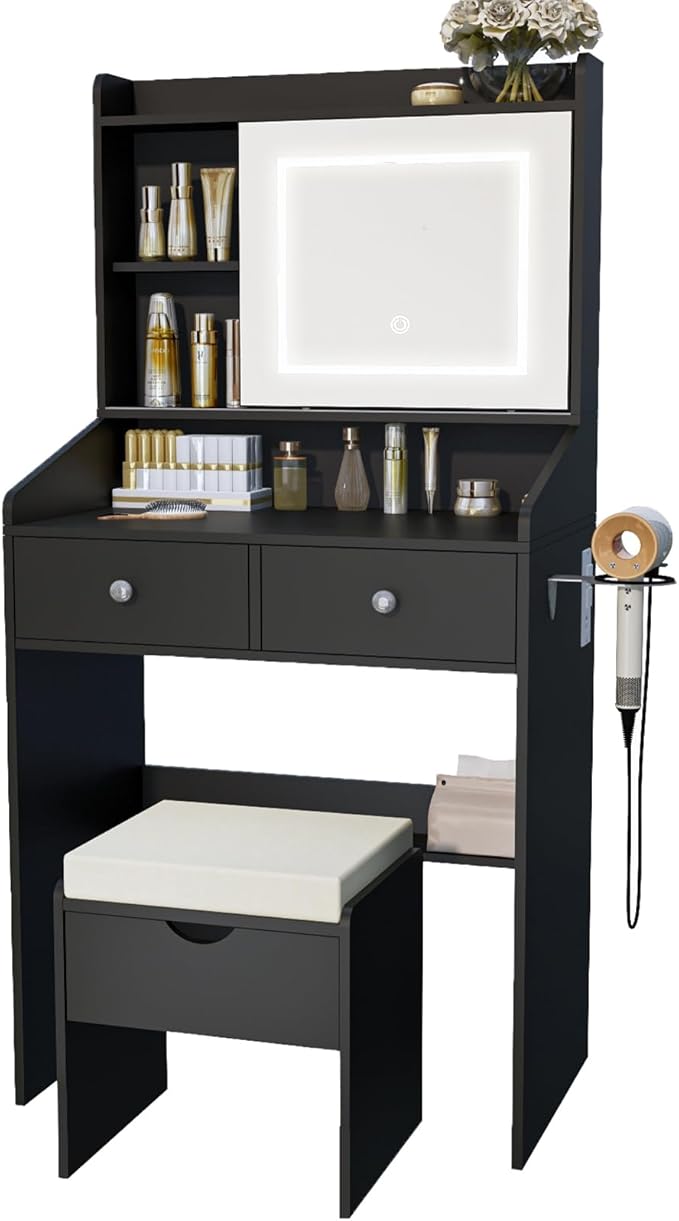 Vanity, Small Vanity Desk with Sliding Mirror, Dimmable LED Lights, 2 Drawers,Vanity Table Ideal for Bedroom (Black)