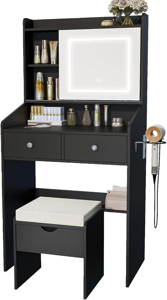 Vanity, Small Vanity Desk with Sliding Mirror, Dimmable LED Lights, 2 Drawers,Vanity Table Ideal for Bedroom (Black)