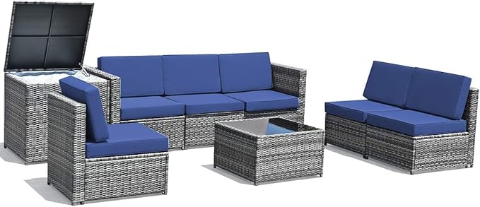 HAPPYGRILL 8 Pieces Patio Furniture Set Outdoor PE Rattan Conversation Set with Storage Box, Sectional Wicker Sofa Set with Coffee Table and Cushions for Garden Backyard